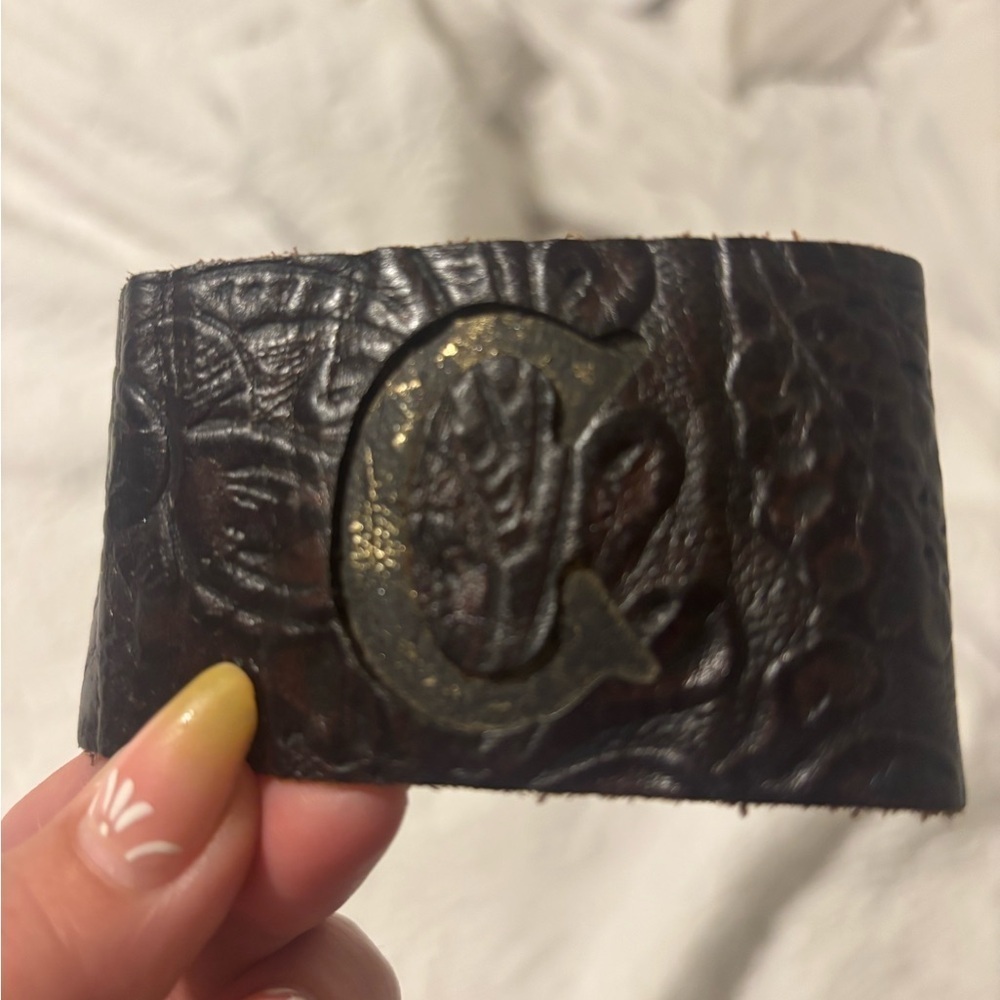 Brown Leather Embossed “C” Cuff Bracelet handmade sign by maker - Picture 3 of 6